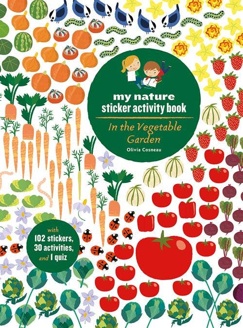 Colorful cover of My Nature Sticker Activity Book featuring vegetable garden illustrations