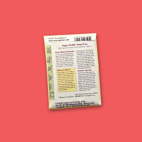 Back of seed packet for Snap Sugar Daddy Organic