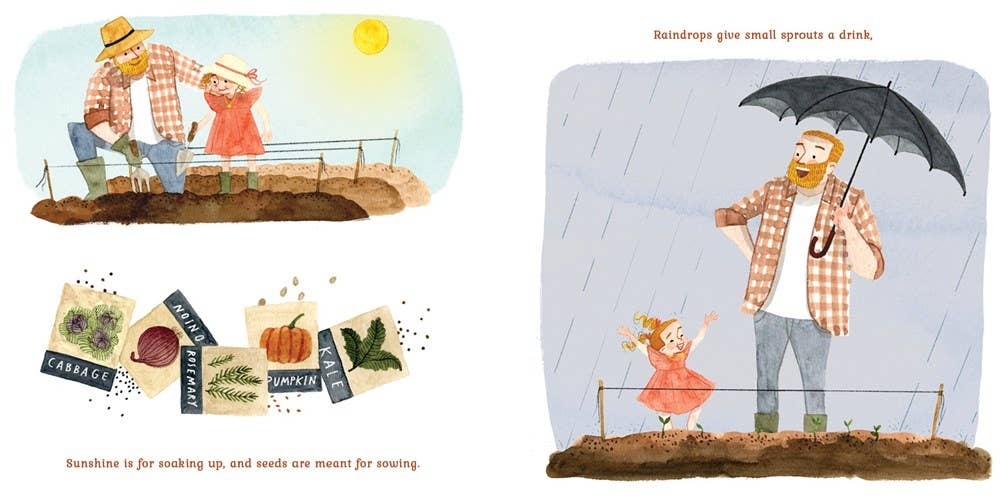 Book content showing a child and grandfather gardening together