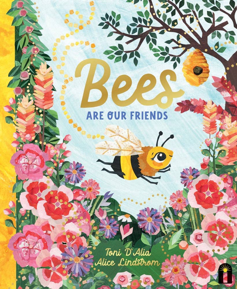Book cover showing friendly bees pollinating flowers