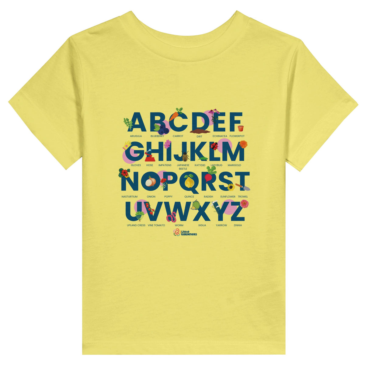 Little Gardeners Yellow ABC Toddler T-Shirt featuring a colorful garden-themed ABC illustration on a soft cotton tee."