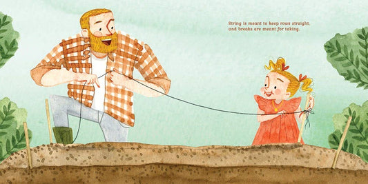 Book content showing a child and grandfather gardening together