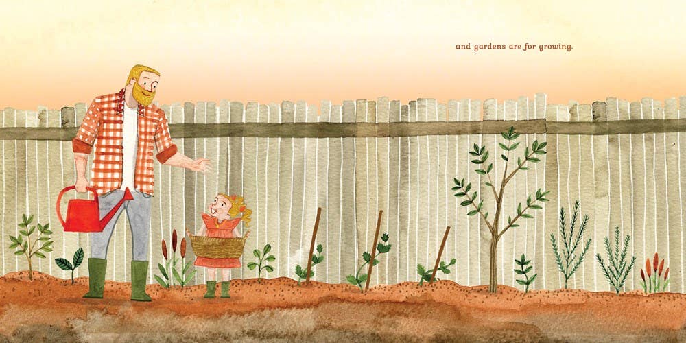 Book content showing a child and grandfather gardening together