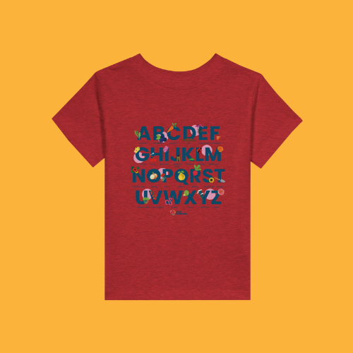 Little Gardeners Red ABC Toddler T-Shirt featuring a colorful garden-themed ABC illustration on a soft cotton tee on an orange background