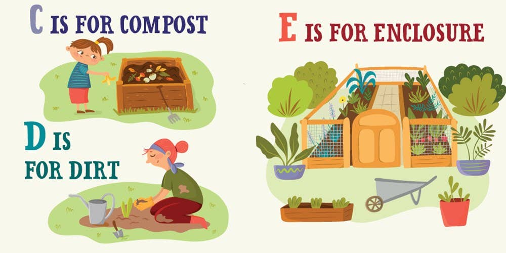 Book inside showing letters and gardening illustrations