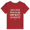 Little Gardeners ABC Toddler T-Shirt featuring a colorful garden-themed ABC illustration on a soft cotton tee in red.