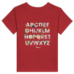 Little Gardeners ABC Toddler T-Shirt featuring a colorful garden-themed ABC illustration on a soft cotton tee in red.