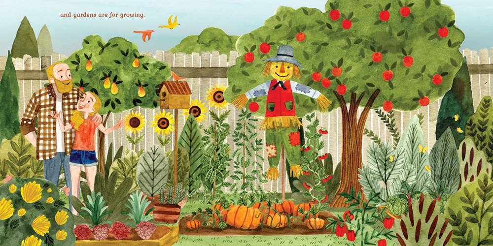 Book content showing a child and grandfather gardening together
