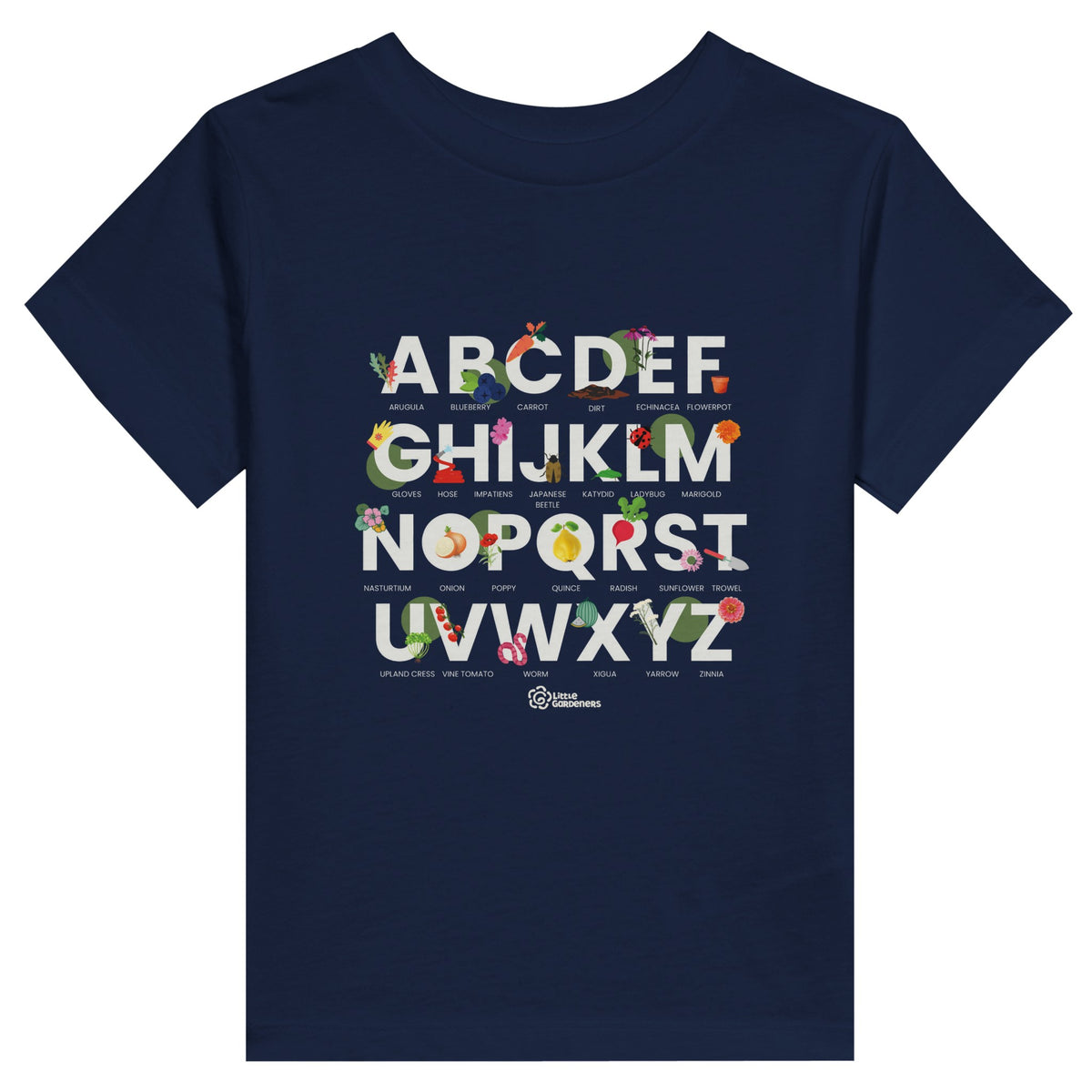 Little Gardeners Navy ABC Toddler T-Shirt featuring a colorful garden-themed ABC illustration on a soft cotton tee.
