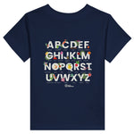 Little Gardeners Navy ABC Toddler T-Shirt featuring a colorful garden-themed ABC illustration on a soft cotton tee.