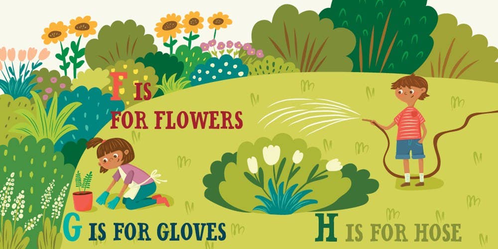 Book inside showing letters and gardening illustrations