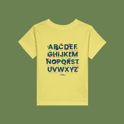 Little Gardeners Yellow ABC Toddler T-Shirt featuring a colorful garden-themed ABC illustration on a soft cotton tee on a green background