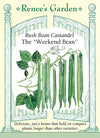 A seed packet featuring an illustration of slender, bright green bush beans growing on compact plants provided by Renee's Garden Seeds.