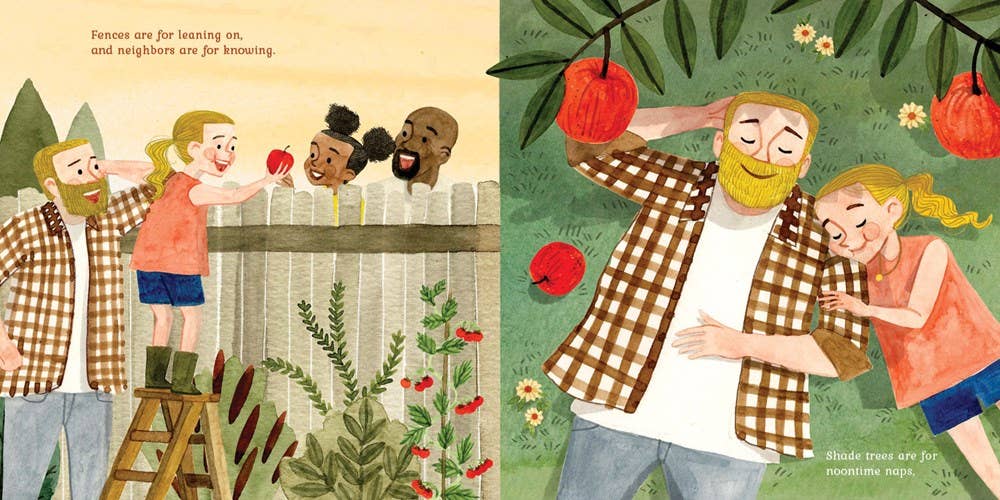 Book content showing a child and grandfather gardening together