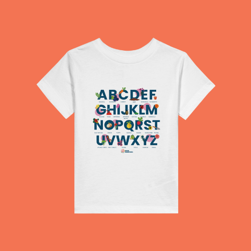 Little Gardeners White ABC Toddler T-Shirt featuring a colorful garden-themed ABC illustration on a soft cotton tee on an orange background