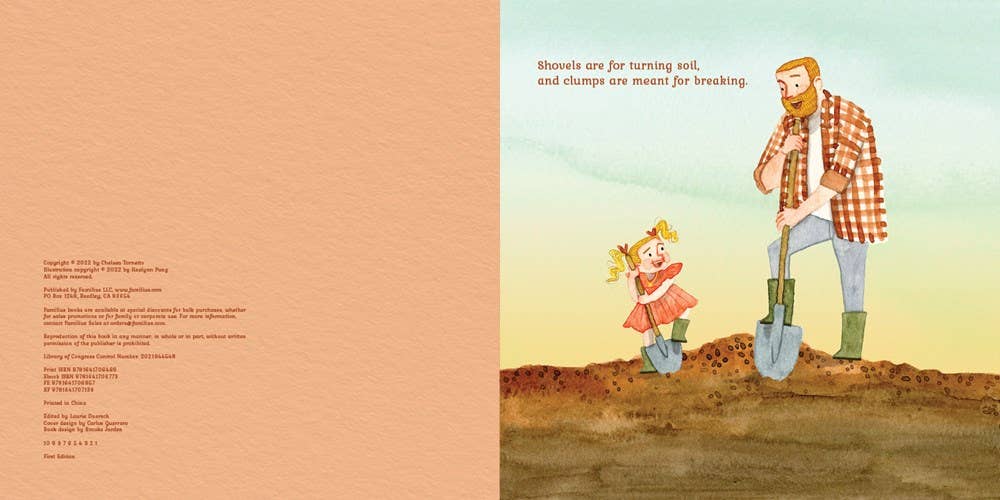 Book content showing a child and grandfather gardening together