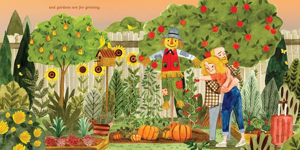 Book content showing a child and grandfather gardening together