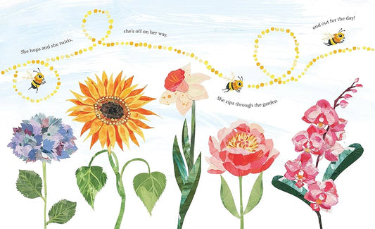 Book content showing friendly bees flying around flowers
