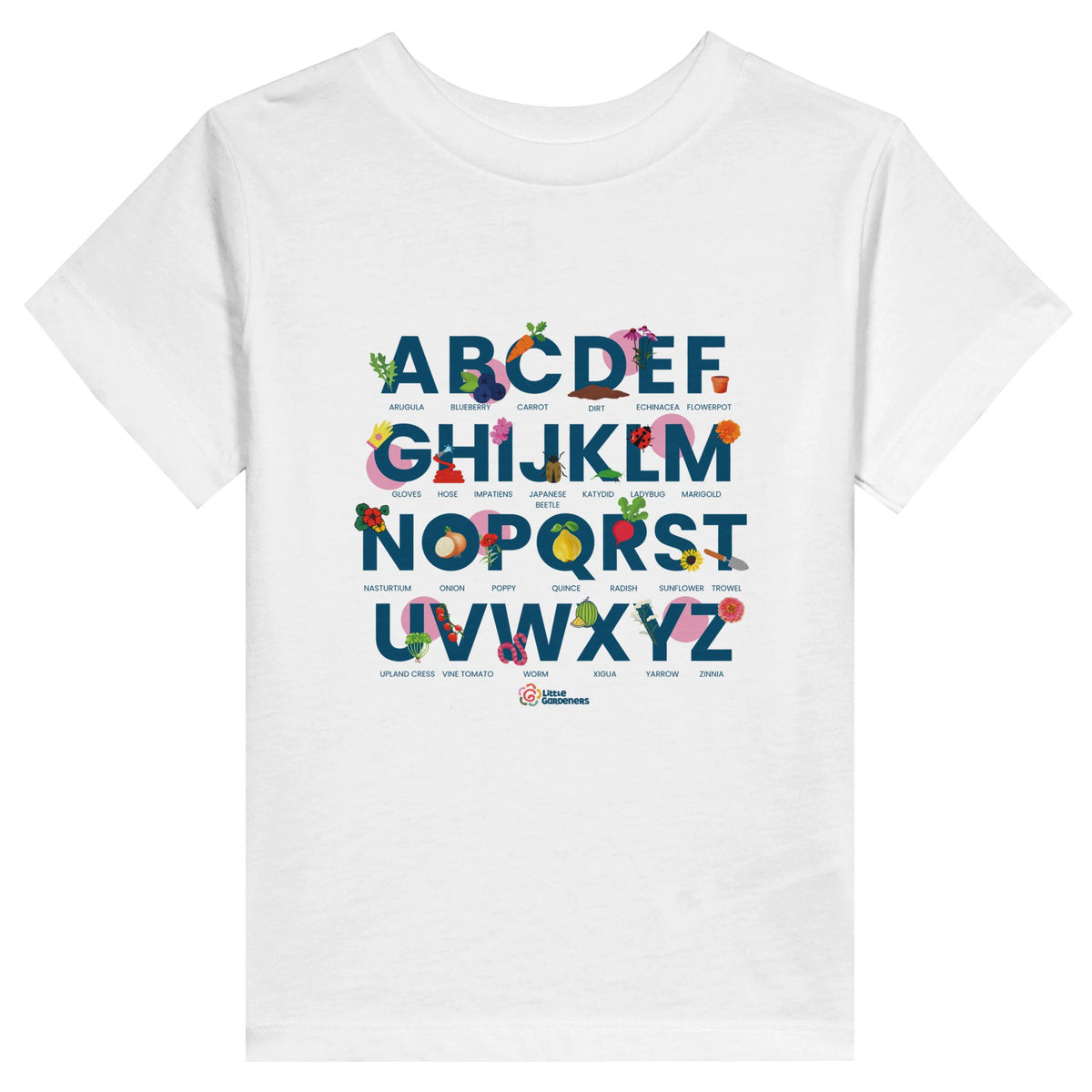 Little Gardeners White ABC Toddler T-Shirt featuring a colorful garden-themed ABC illustration on a soft cotton tee."