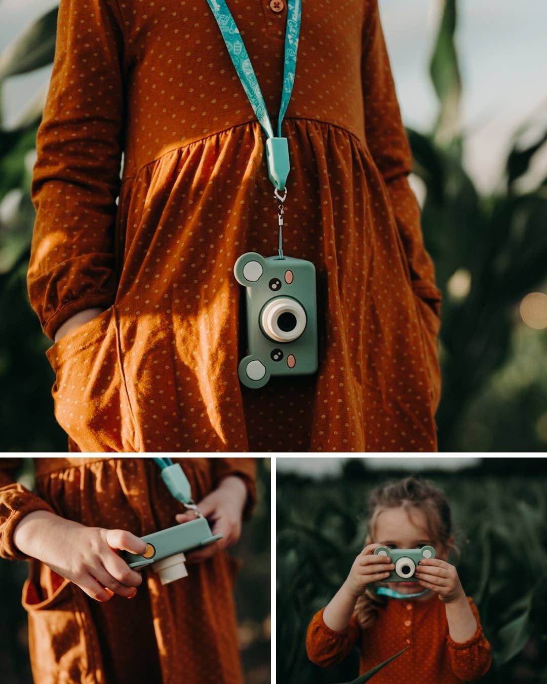 Young girl playing with Bear-shaped kids' digital camera in blue color