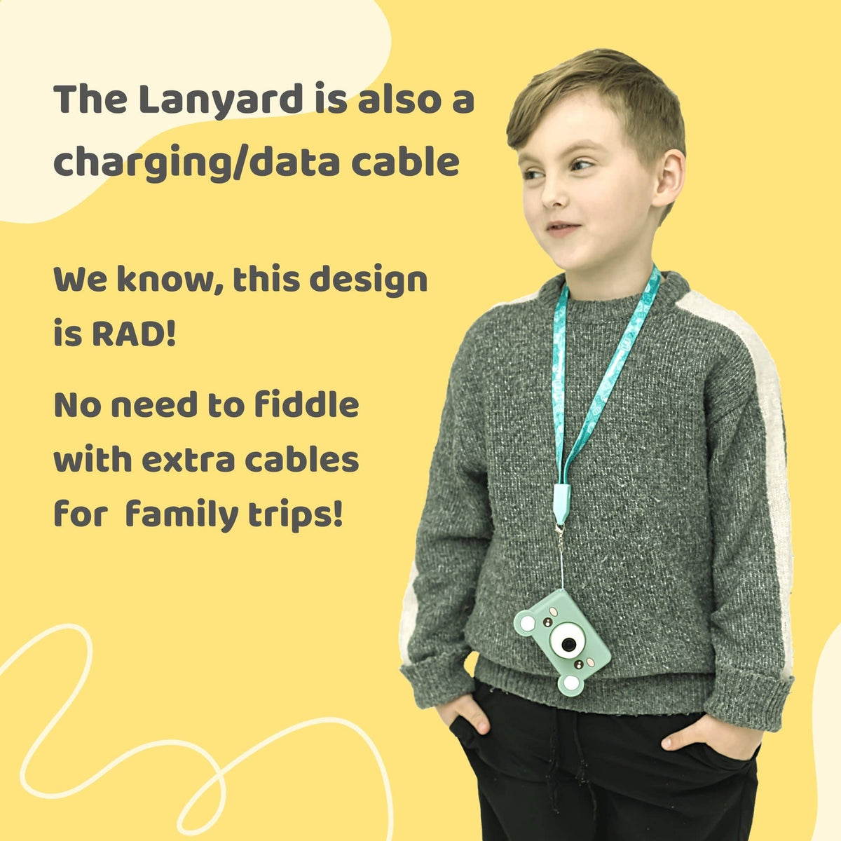 Kid wearing a Bear-shaped kids' digital camera in blue color
