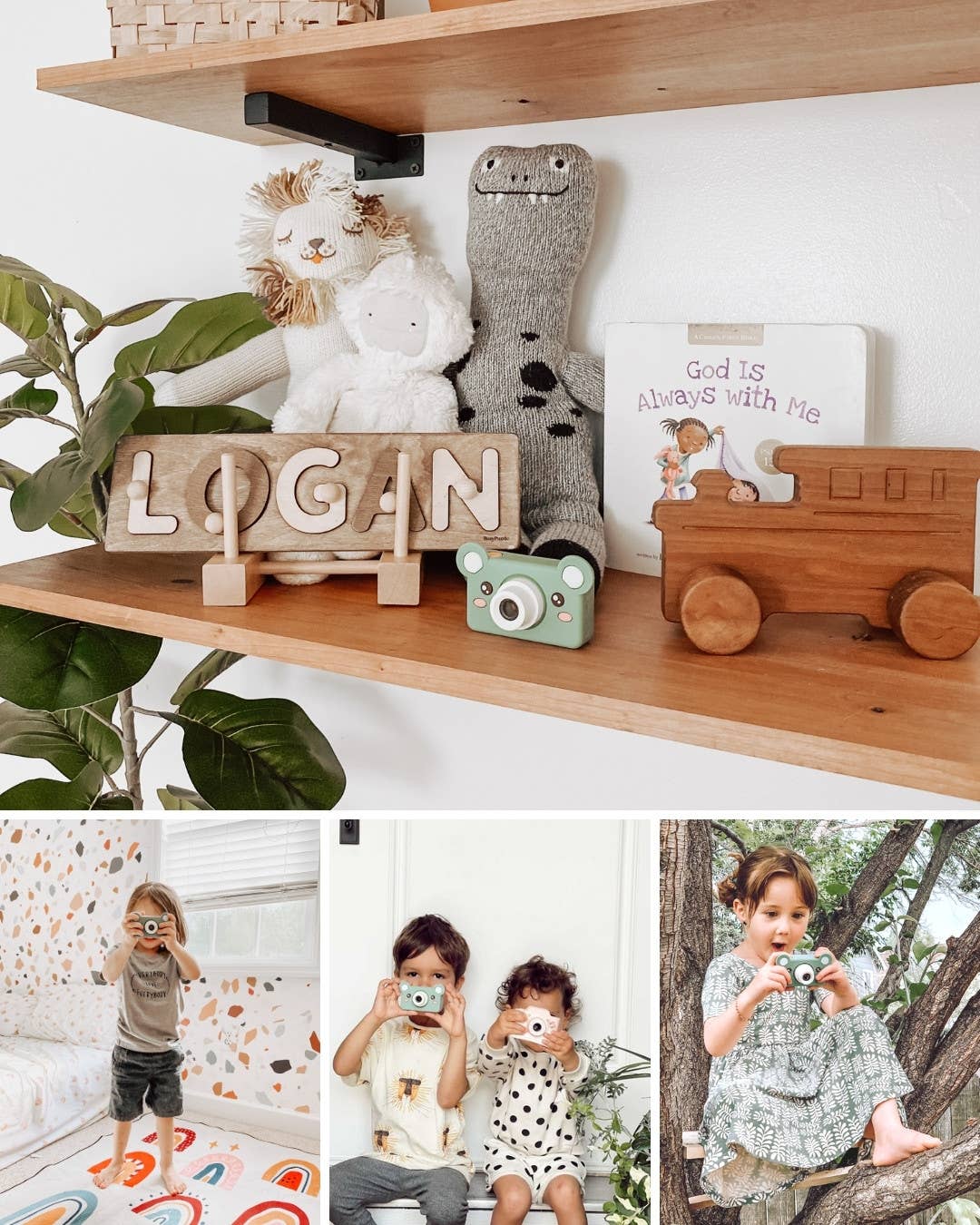 Kids playing with Bear-shaped kids' digital camera in blue color