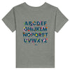 Little Gardeners Grey ABC Toddler T-Shirt featuring a colorful garden-themed ABC illustration on a soft cotton tee."