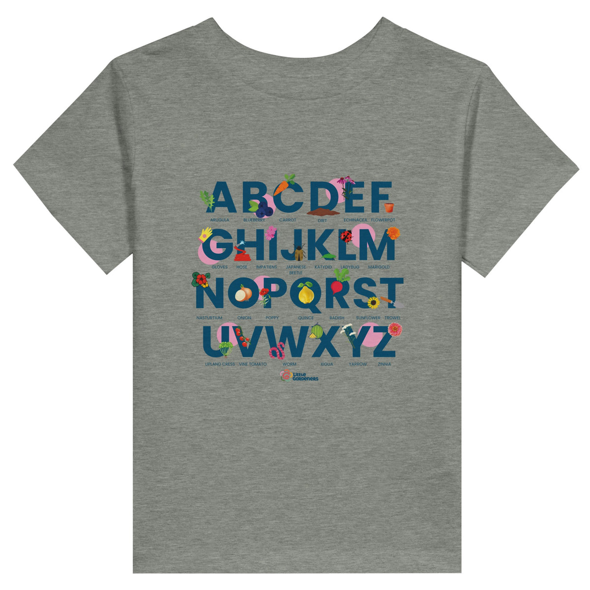 Little Gardeners Grey ABC Toddler T-Shirt featuring a colorful garden-themed ABC illustration on a soft cotton tee."