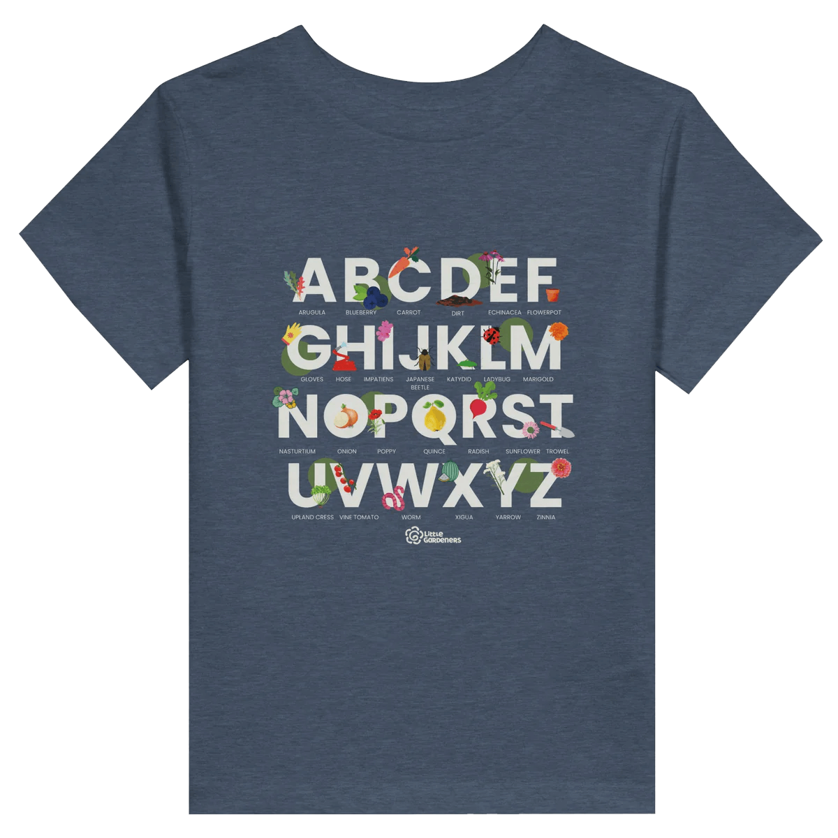 Blue t-shirt with colorful alphabet design on a plain background