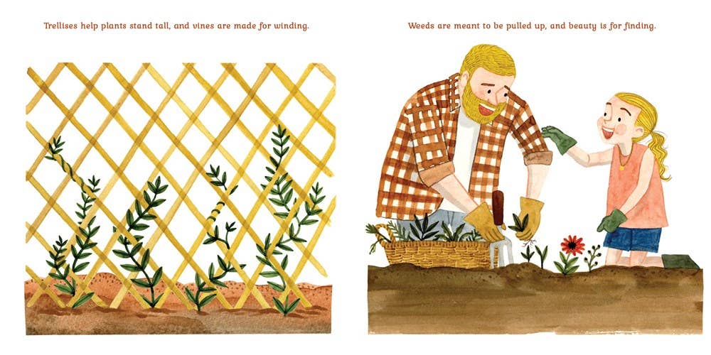 Book content showing a child and grandfather gardening together