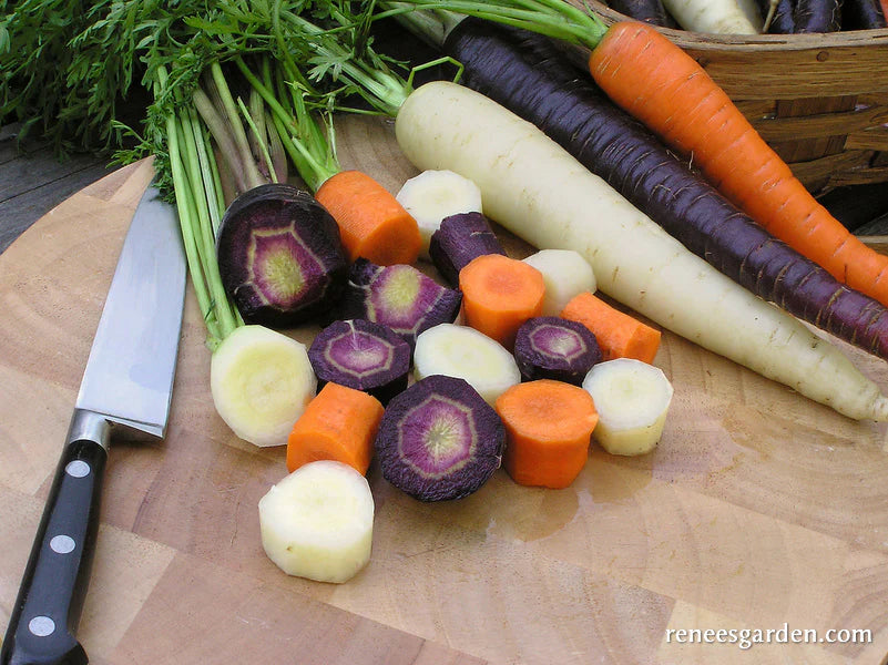 Bunch of multicolored carrots on a cutting board- purple, orange, and white