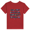 Little Gardeners Red Toddler T-Shirt featuring a colorful garden-themed ABC illustration on a soft cotton tee."