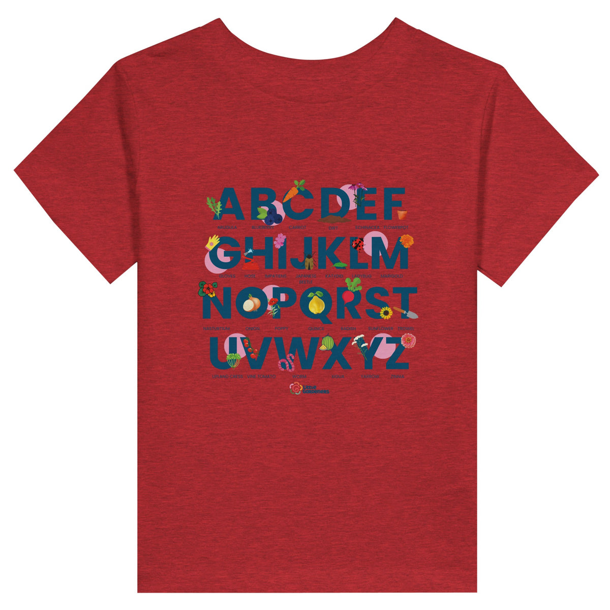 Little Gardeners Red Toddler T-Shirt featuring a colorful garden-themed ABC illustration on a soft cotton tee."