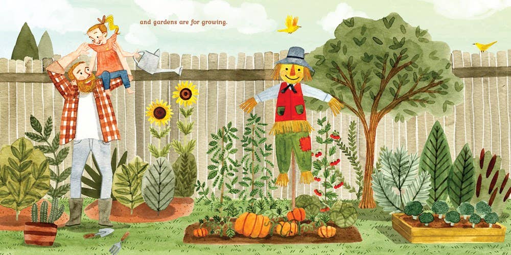 Book content showing a child and grandfather gardening together