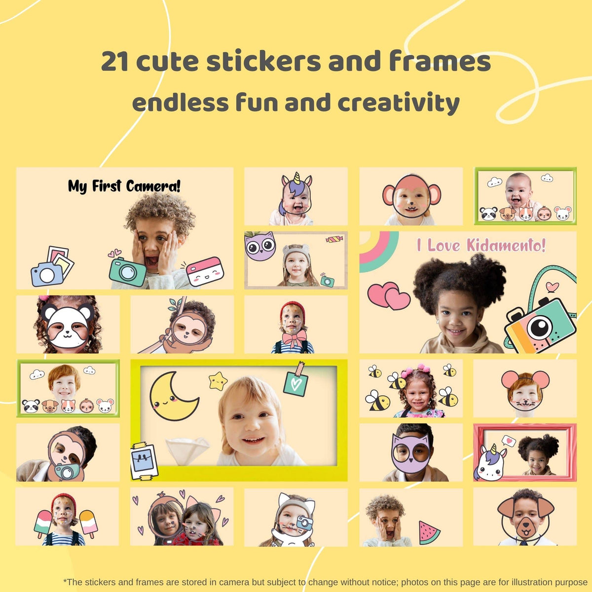 Sticker sheet showing options for bear-shaped kids' digital camera in blue color
