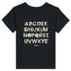 Little Gardeners Black ABC Toddler T-Shirt featuring a colorful garden-themed ABC illustration on a soft cotton tee.