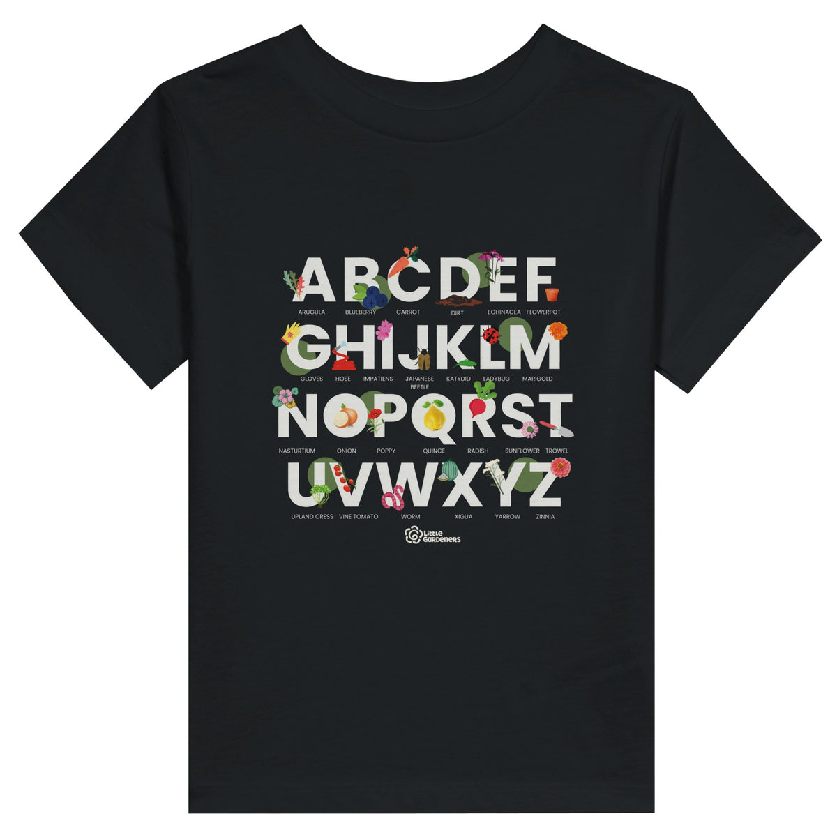 Little Gardeners Black ABC Toddler T-Shirt featuring a colorful garden-themed ABC illustration on a soft cotton tee.