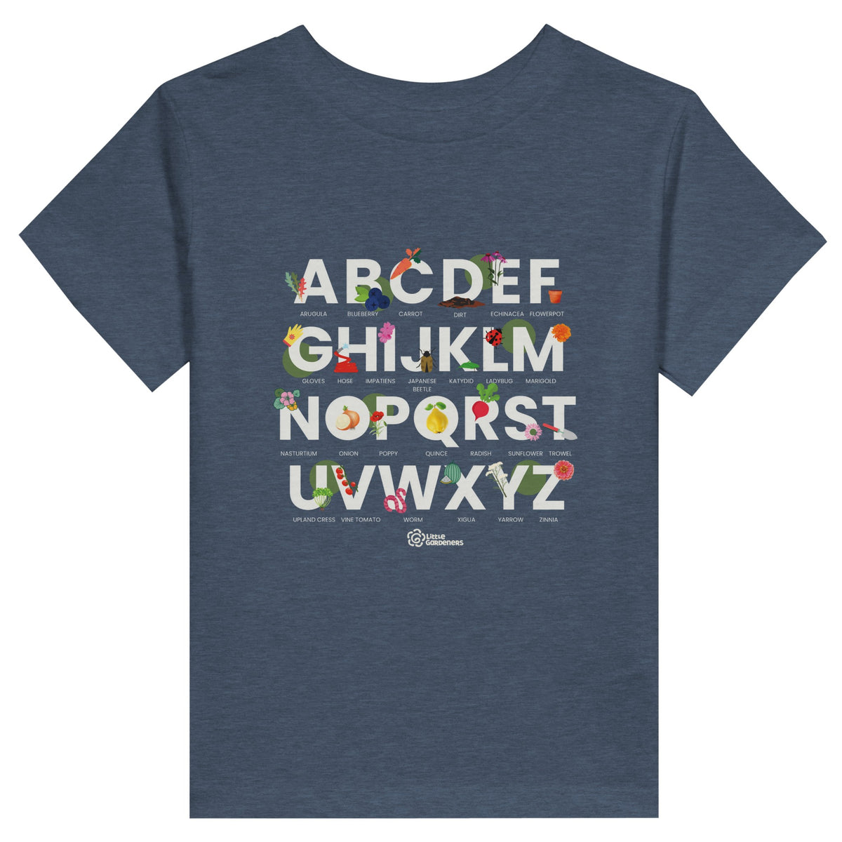 Little Gardeners Heather Grey ABC Toddler T-Shirt featuring a colorful garden-themed ABC illustration on a soft cotton tee.