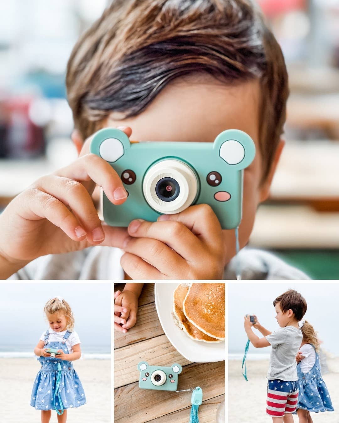 Kids playing with Bear-shaped kids' digital camera in blue color