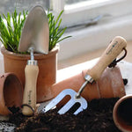 Stainless Steel Garden Trowel with Rubberwood Handle in dirt