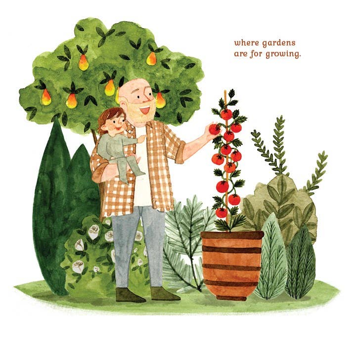 Book content showing a child and grandfather gardening together