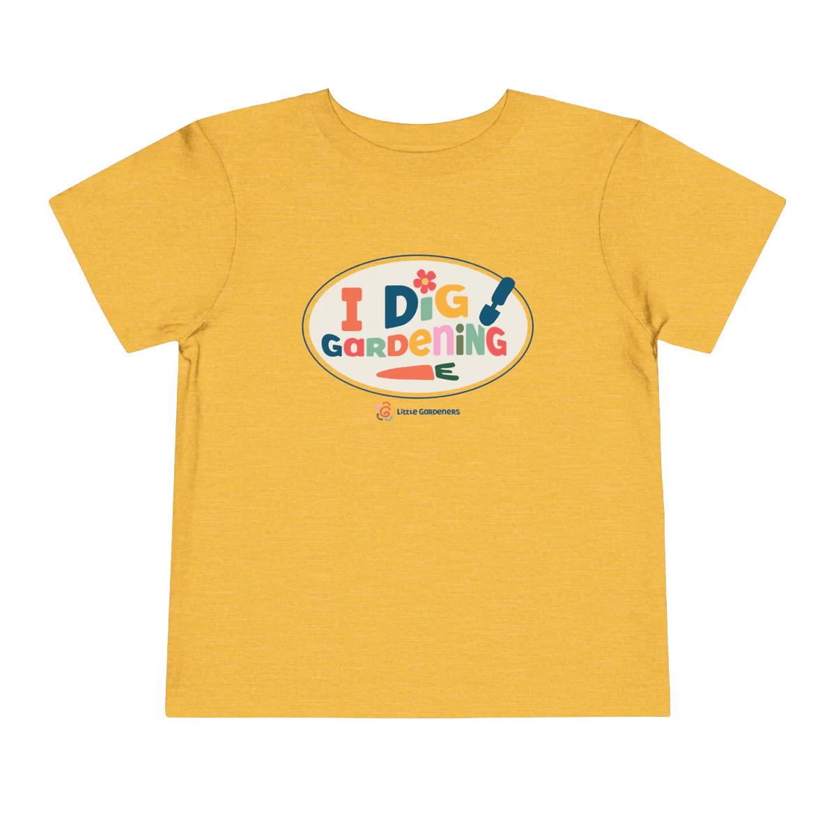 Yellow t-shirt with 'I Dig Gardening' graphic on a black background