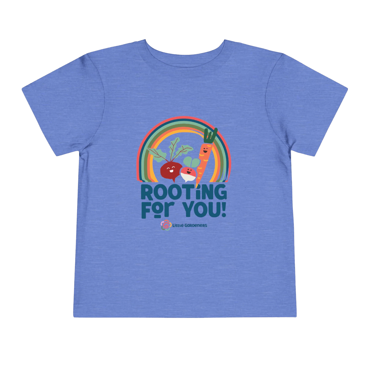 Blue t-shirt with a colorful graphic of vegetables and 'Rooting for You!' text on a black background